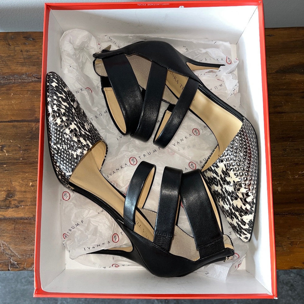 Ivanka Trump 8M gladiator style black & white leather heels with ankle bands.